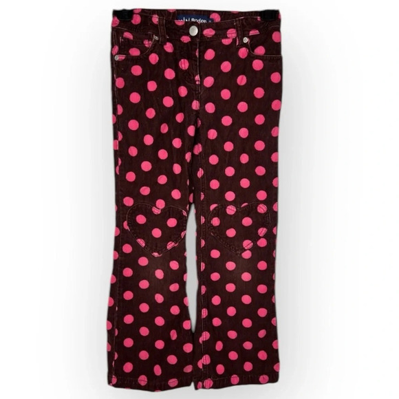 Mini Boden Girls Brown Pink Polka Dot Corduroy Pants Size 9 Heart Pockets - Picture 1 of 10